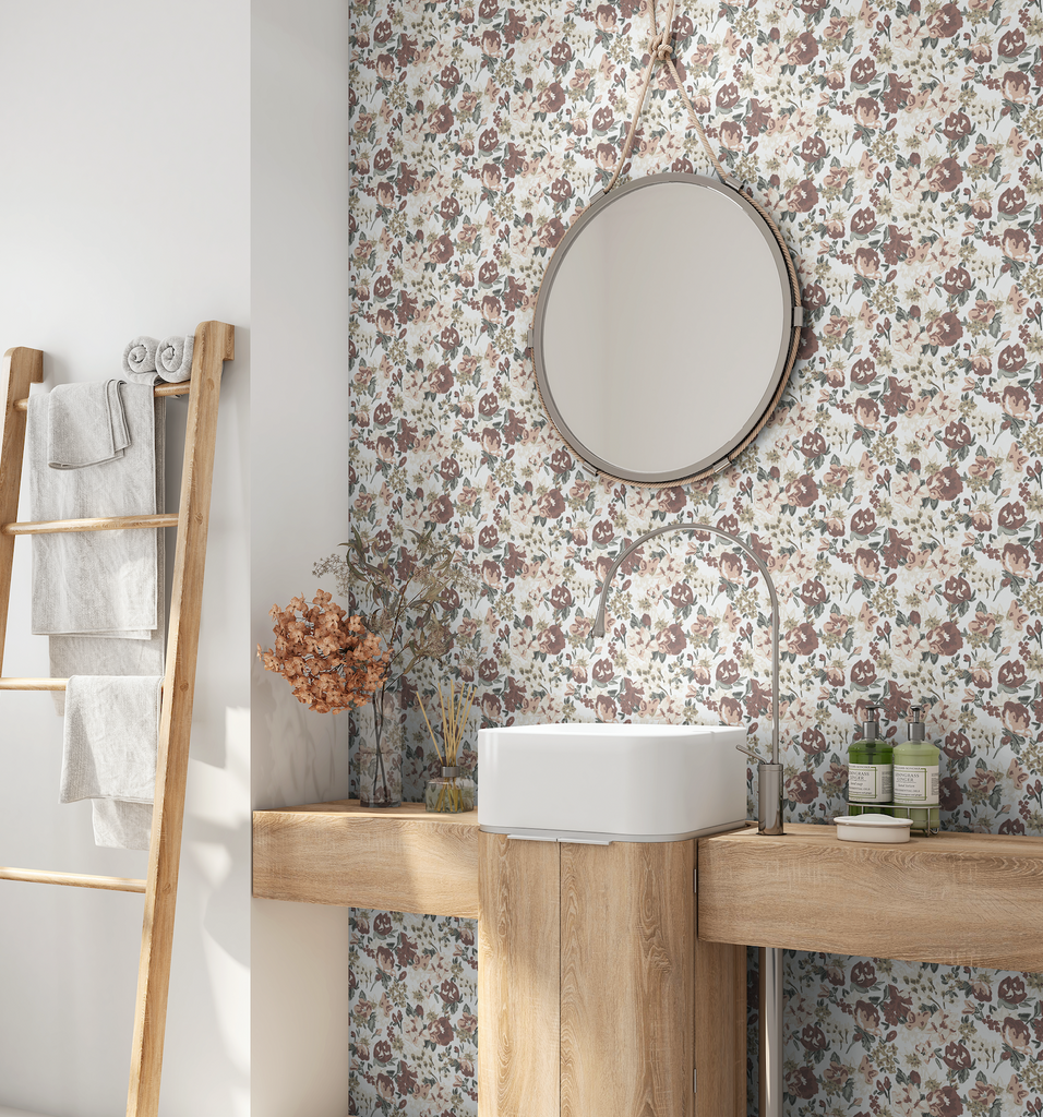 Peel and Stick heirloom floral wallpaper in a bathroom