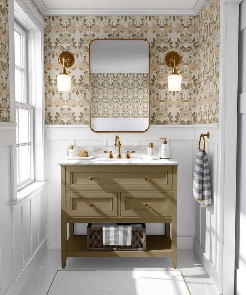 Seamless Beige Damask William Morris Inspired Peel and Stick Wallpaper in a bathroom