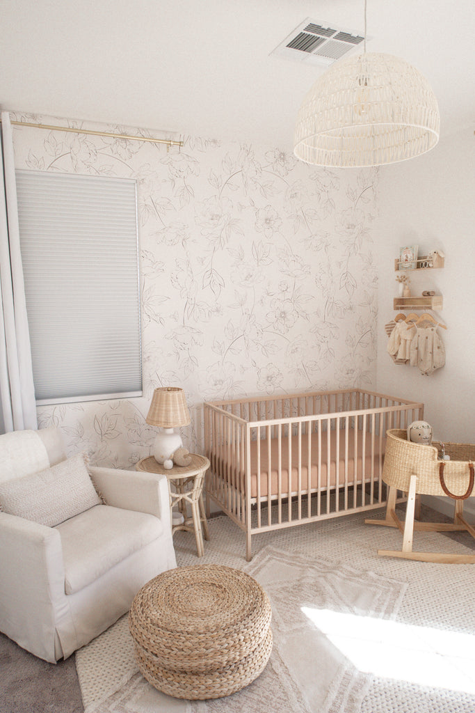 Gender neutral nursery with wallpaper, bohemian style decor, neutral colour nursery