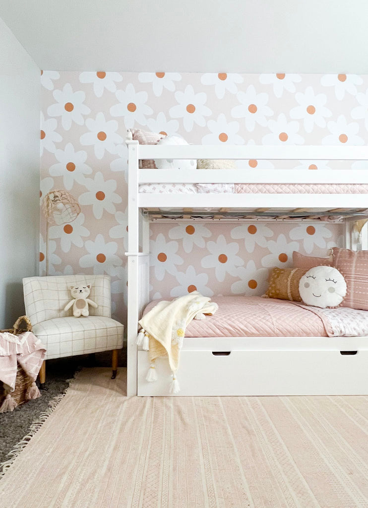 Bunk Beds in girls room with daisy floral wallpaper