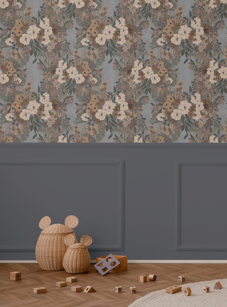 Classic peel and stick wallpaper above blue wainscotting and natural brown decor