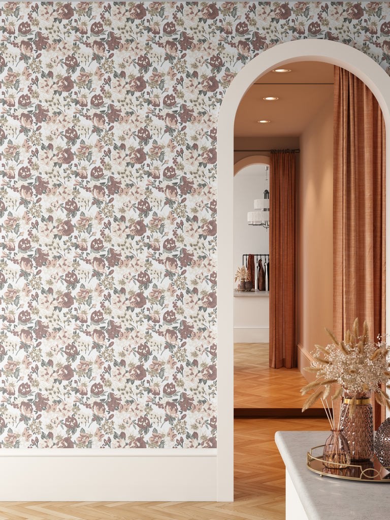 Living space entry decorated with timeless heirloom floral peel and stick wallpaper