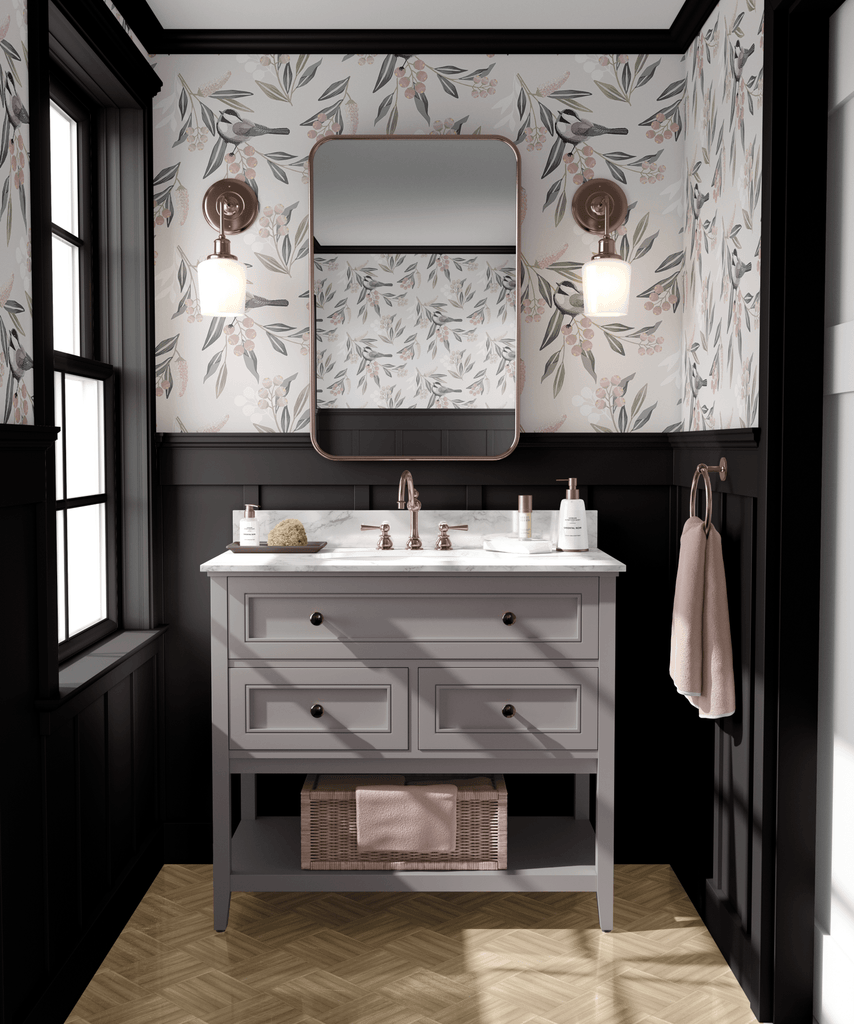 Botanical bird peel and stick wallpaper for moody bathroom