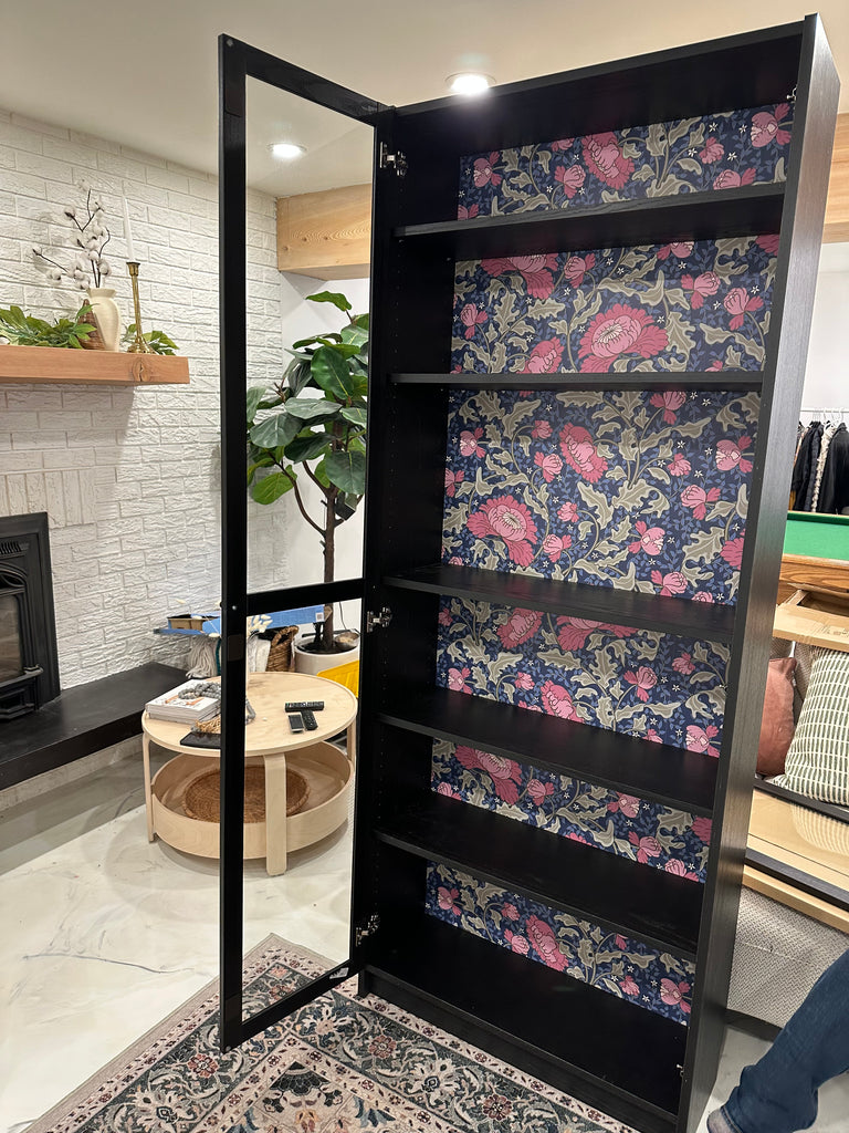 DIY Ikea Bookshelf Hack with Flower Wallpaper