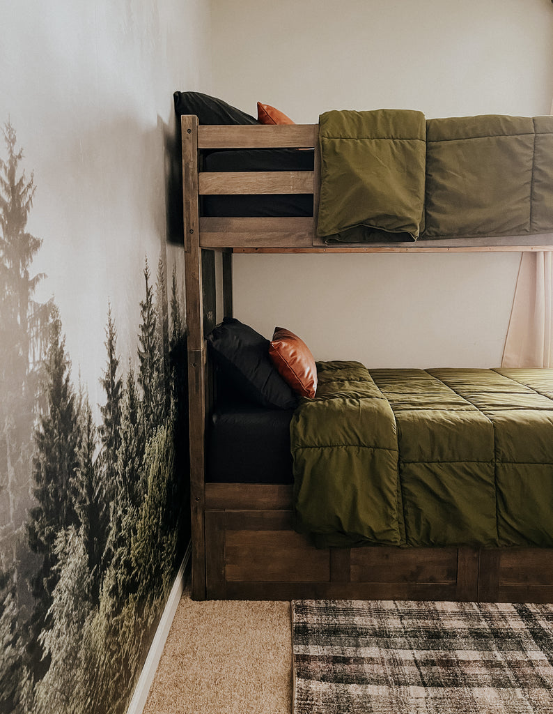 Woodsy Camping themed bedroom with bunkbeds and green theme with Mountain Forest Wall Mural