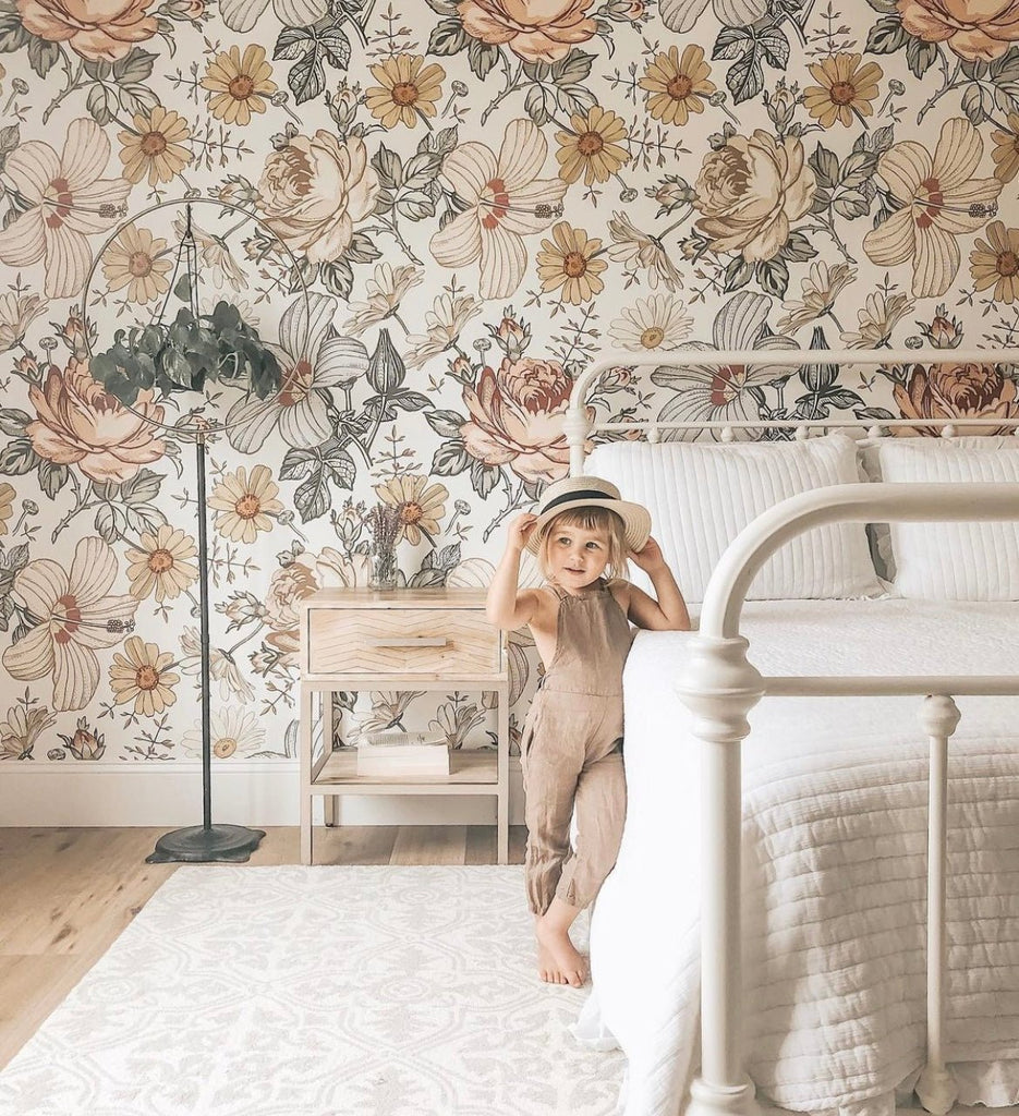 Madelyn boho peel and stick wallpaper in a neutral girl room