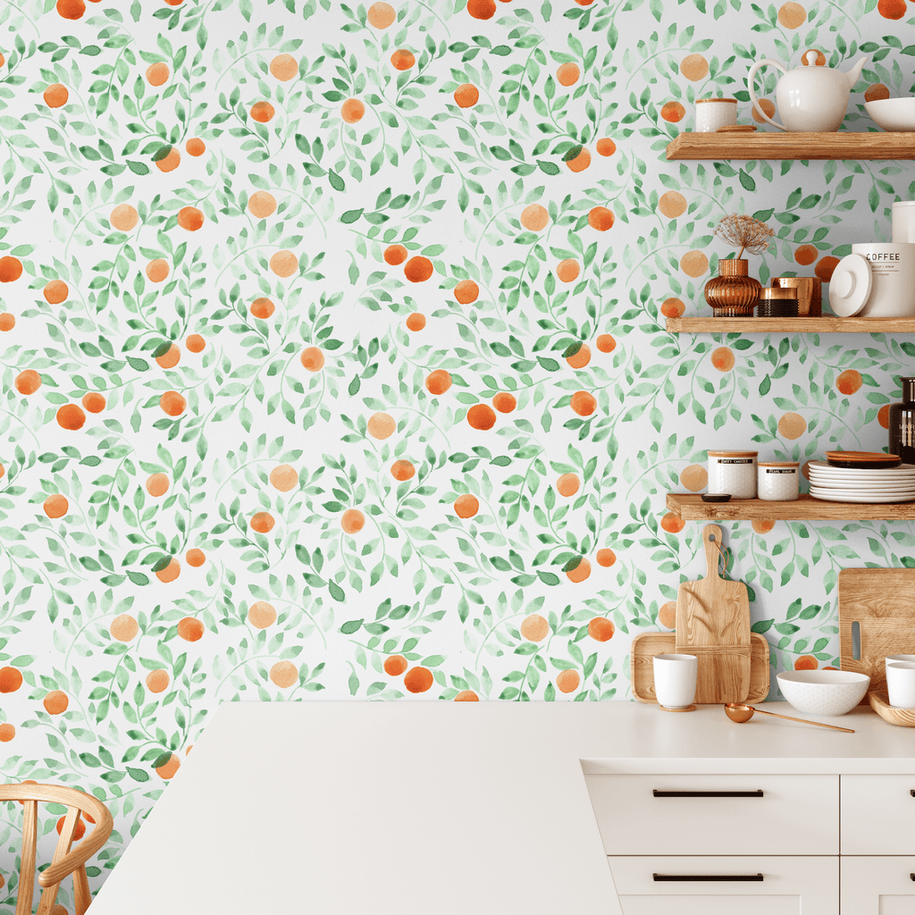 Bright whimsical kitchen decor using orange citrus designer peel and stick wallpaper