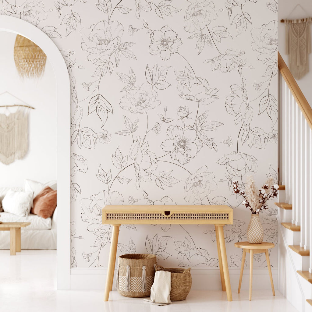 Minimal peony floral self-adhesive removable wallpaper