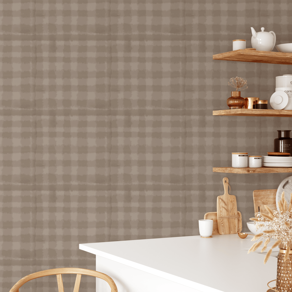 Plaid gingham faux texture peel and stick wallpaper in beautiful kitchen