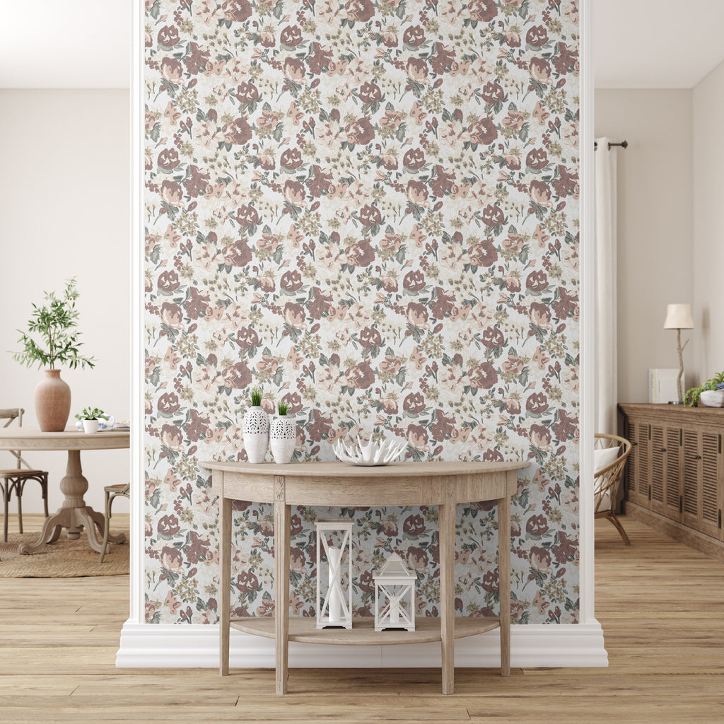 Heirloom vintage floral wallpaper stage in a room with a sofa table