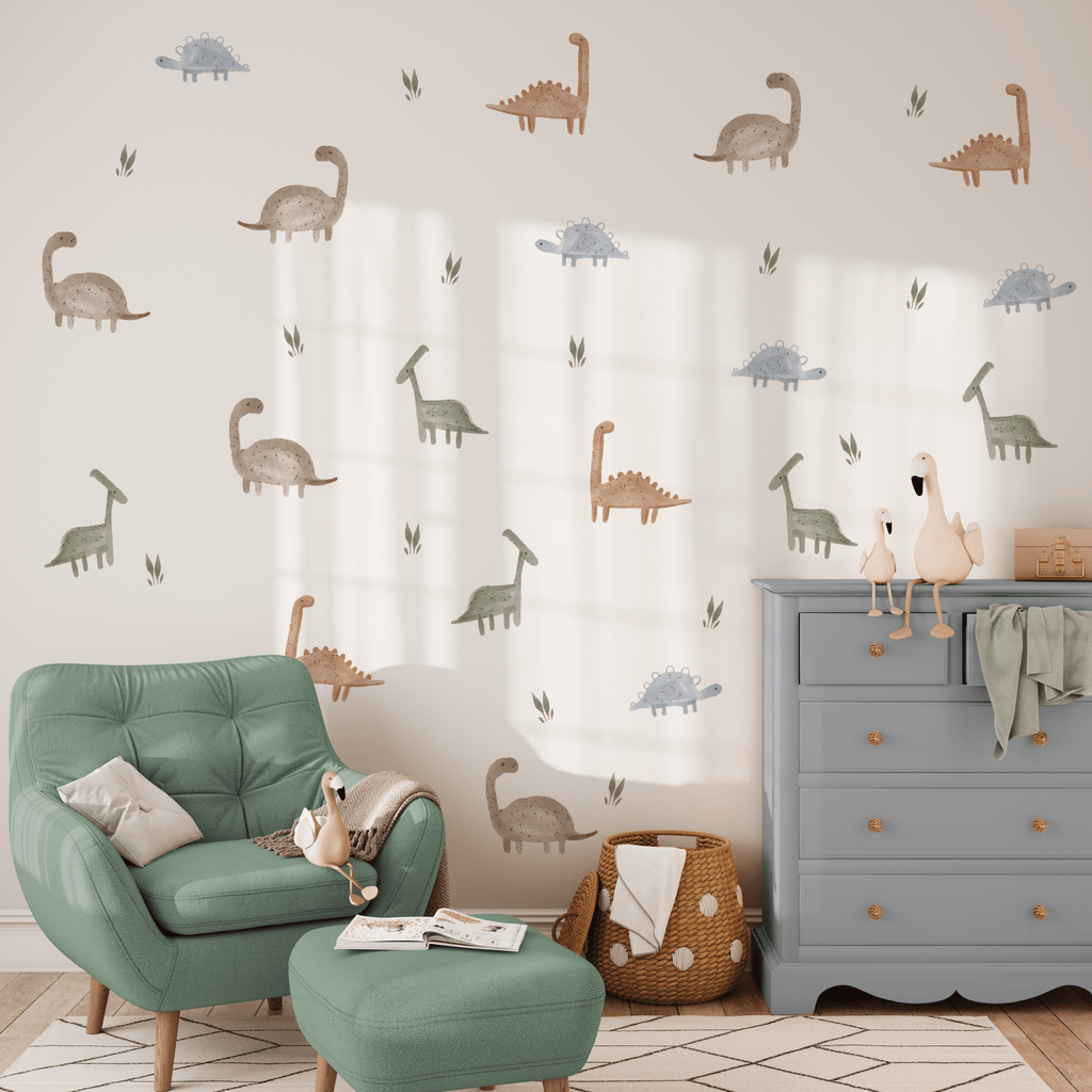 Watercolor dinosaur wall stickers for boys rooms, inexpensive boy room upgrade