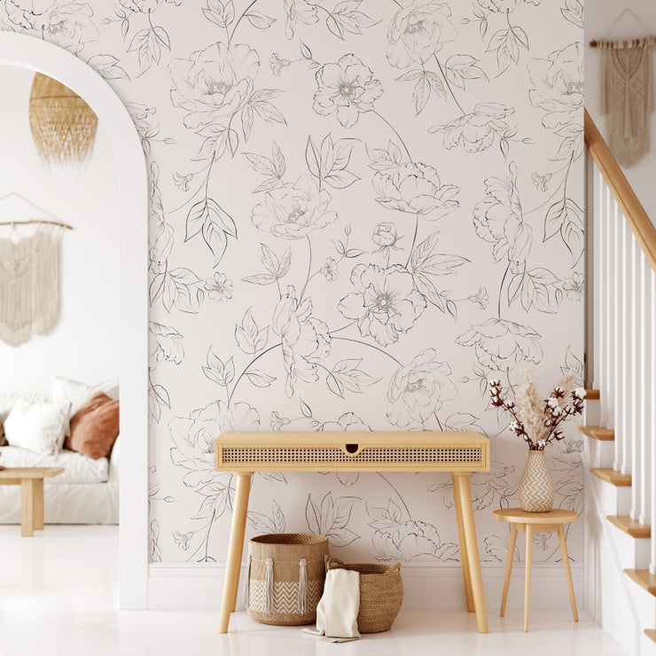 White Peony Removable Wallpaper Peonies Wall Mural Black and  Etsy   Feature wall wallpaper Temporary wallpaper Peony wallpaper