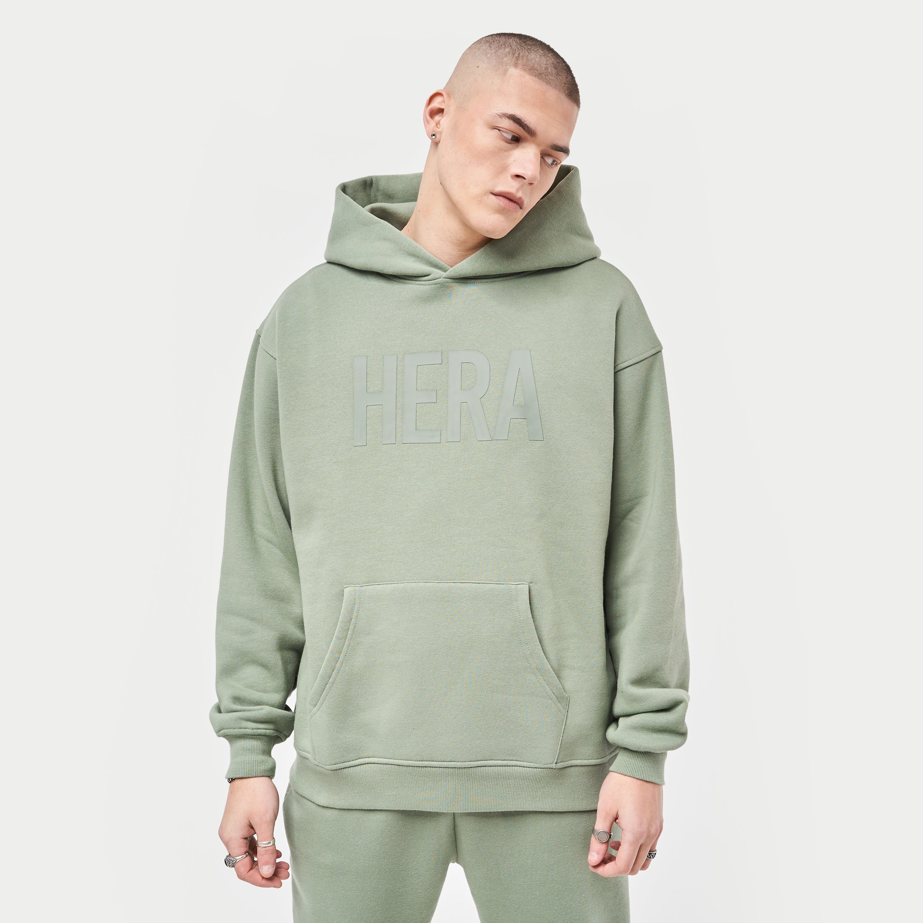 Mens Label Oversized Hoodie - Hedge Green - HERA Clothing product image