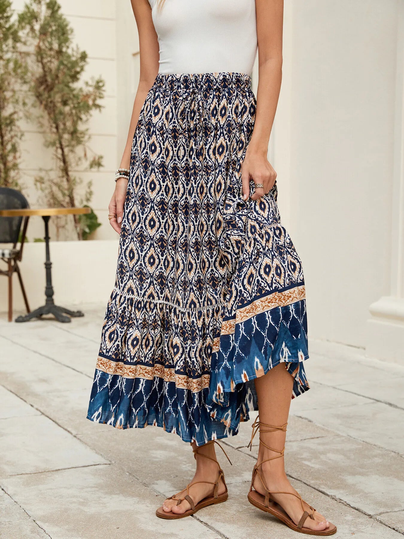Bohemian Printed Ruched Maxi Skirt