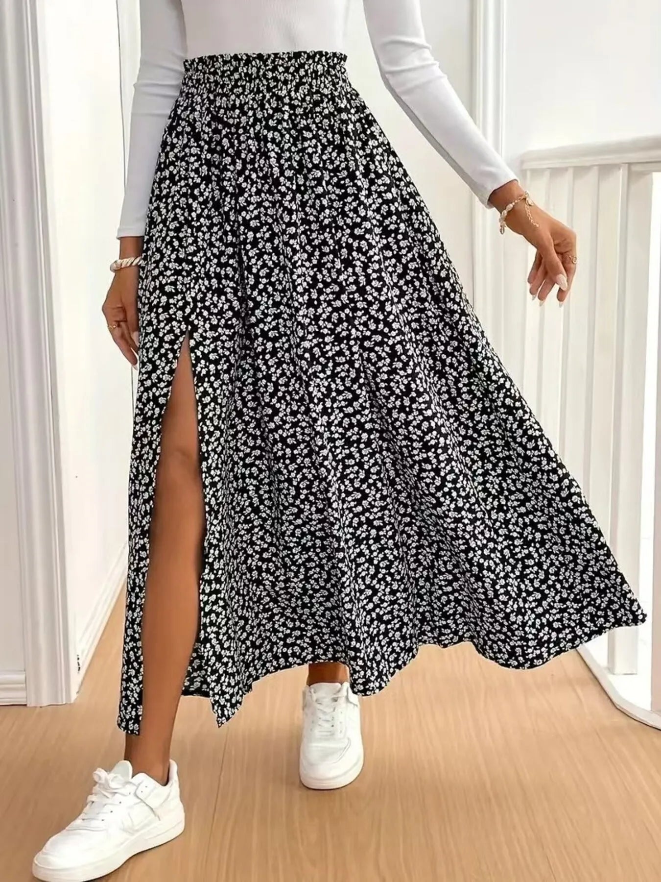 Floral Split Elastic Waist Maxi Skirt