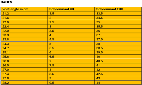 Maattabel dansschoenen dames