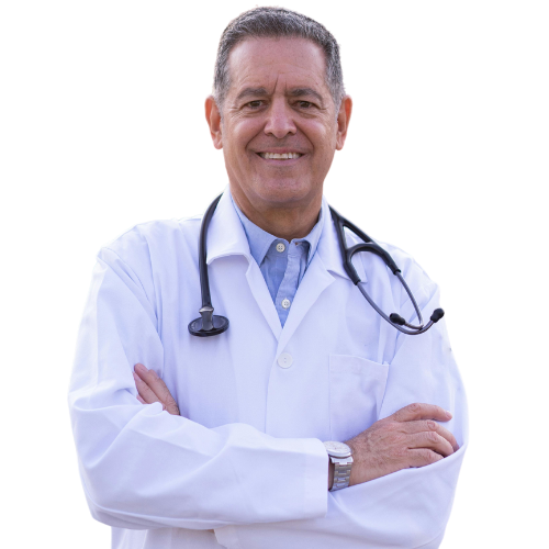 Smiling male doctor with stethoscope, arms crossed, on white background.