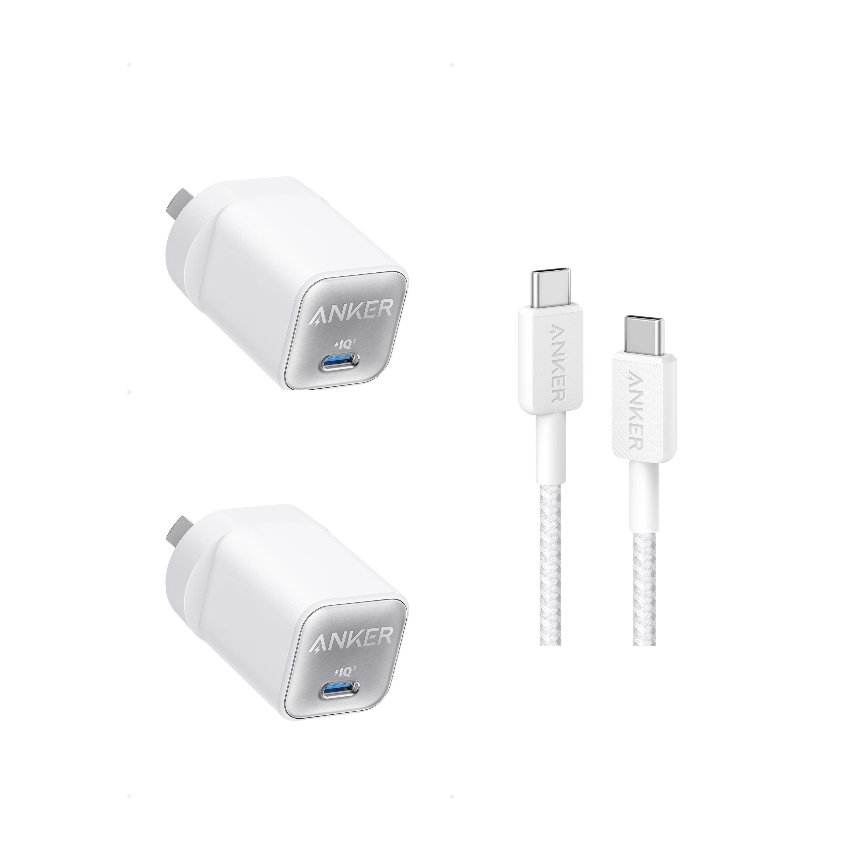 2 × Anker 511 Charger (Nano 3, 30W) and Anker 322 6ft USB-C to USB-C Cable