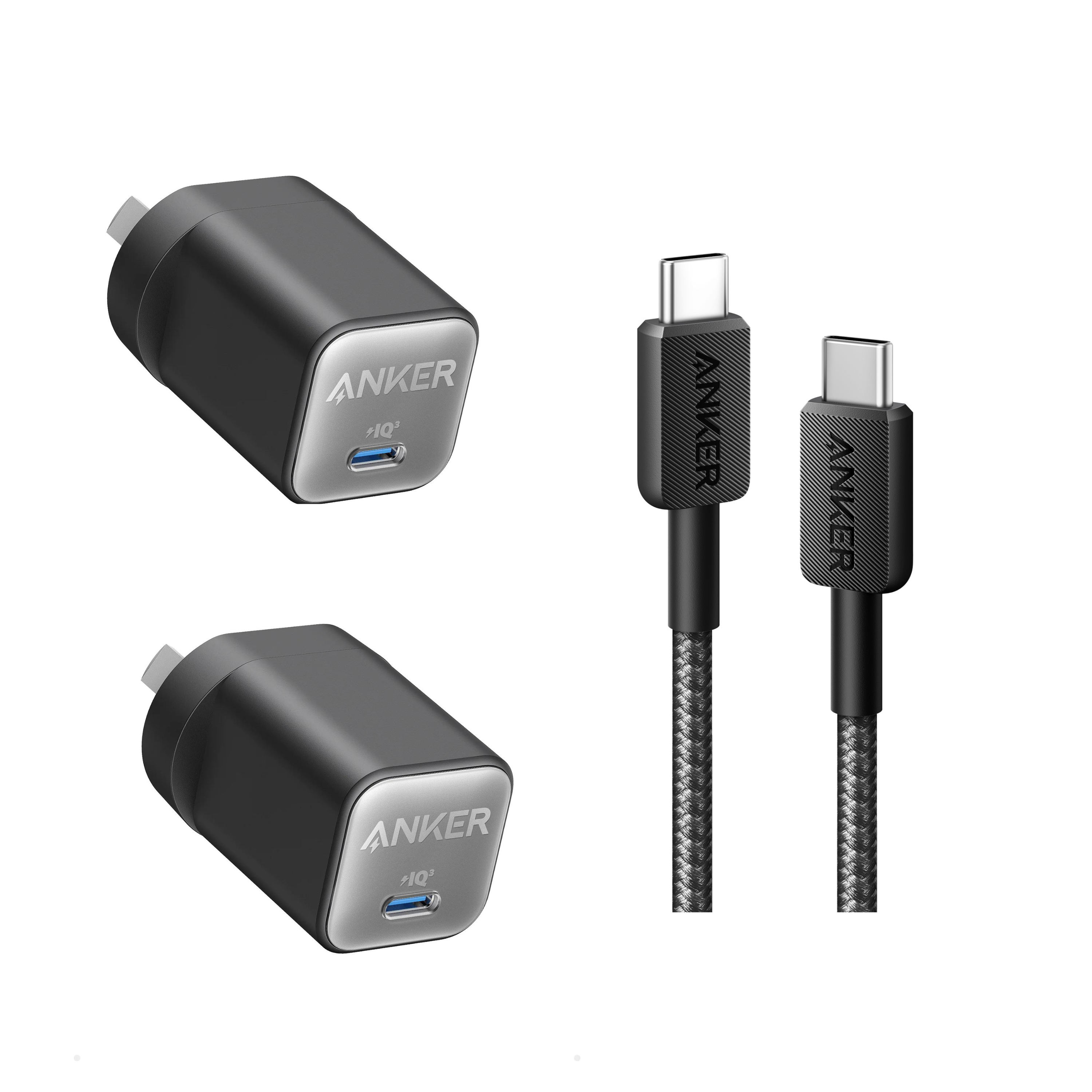 2 × Anker 511 Charger (Nano 3, 30W) and Anker 322 3ft USB-C to USB-C Cable