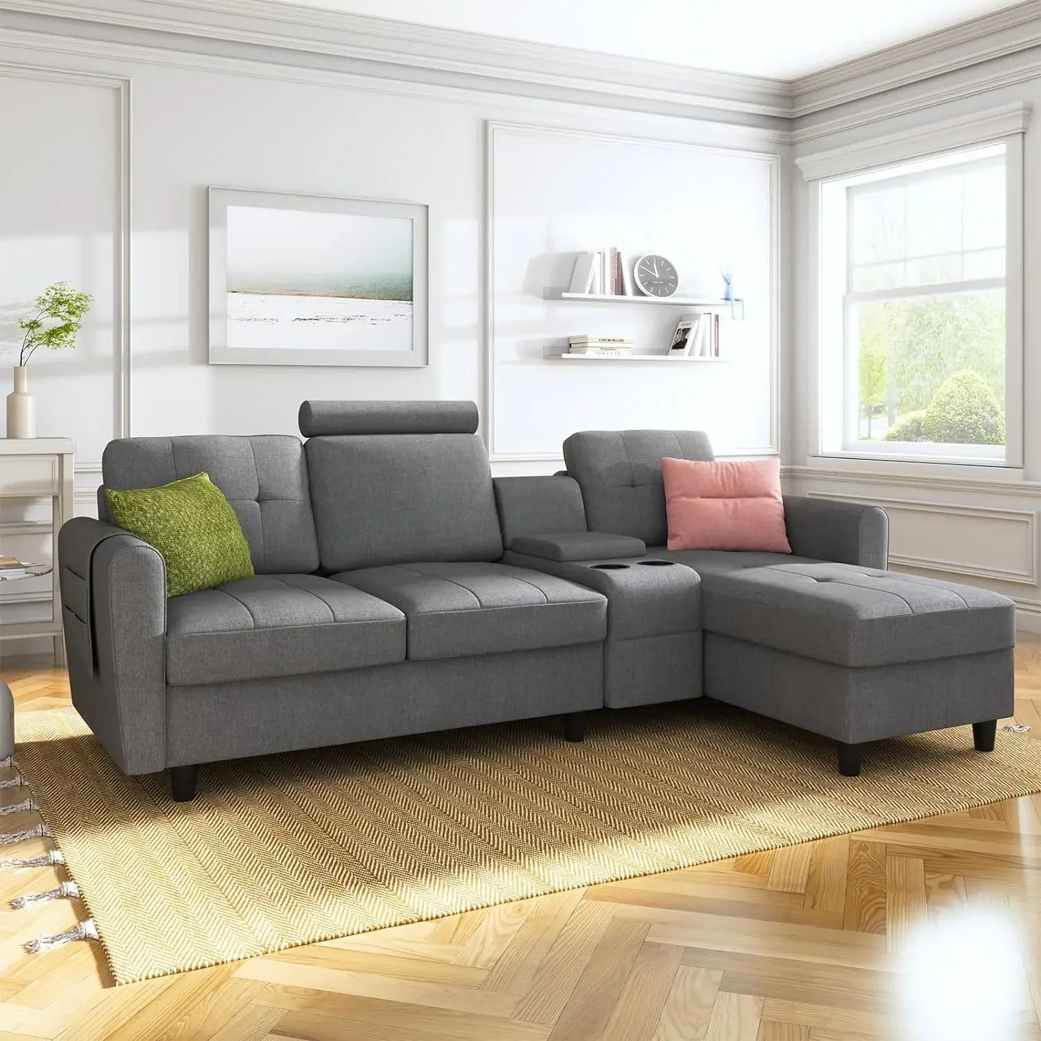 Convertible Sectional Couch L Shaped Sofa with Cup Holders, Modern Sectional Sofa 4-Seat Sofa with Reversible Chaise, Gray