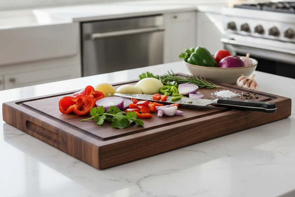 Flat chopping side of Bevel & Bond reversible board in use for slicing vegetables and herbs