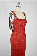 1930s Style Ruby Red Glass Beaded Silk Jersey Bejeweled Evening Gown Dress circa 2010s