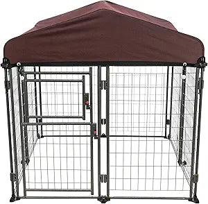 A dark brown outdoor dog kennel.