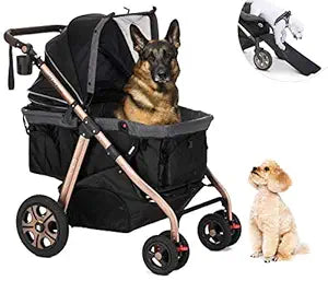 A large black dog stroller with a german shepherd sitting in it.