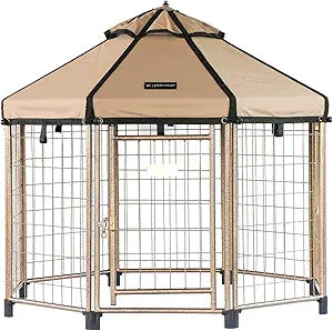 A light brown outdoor dog kennel.