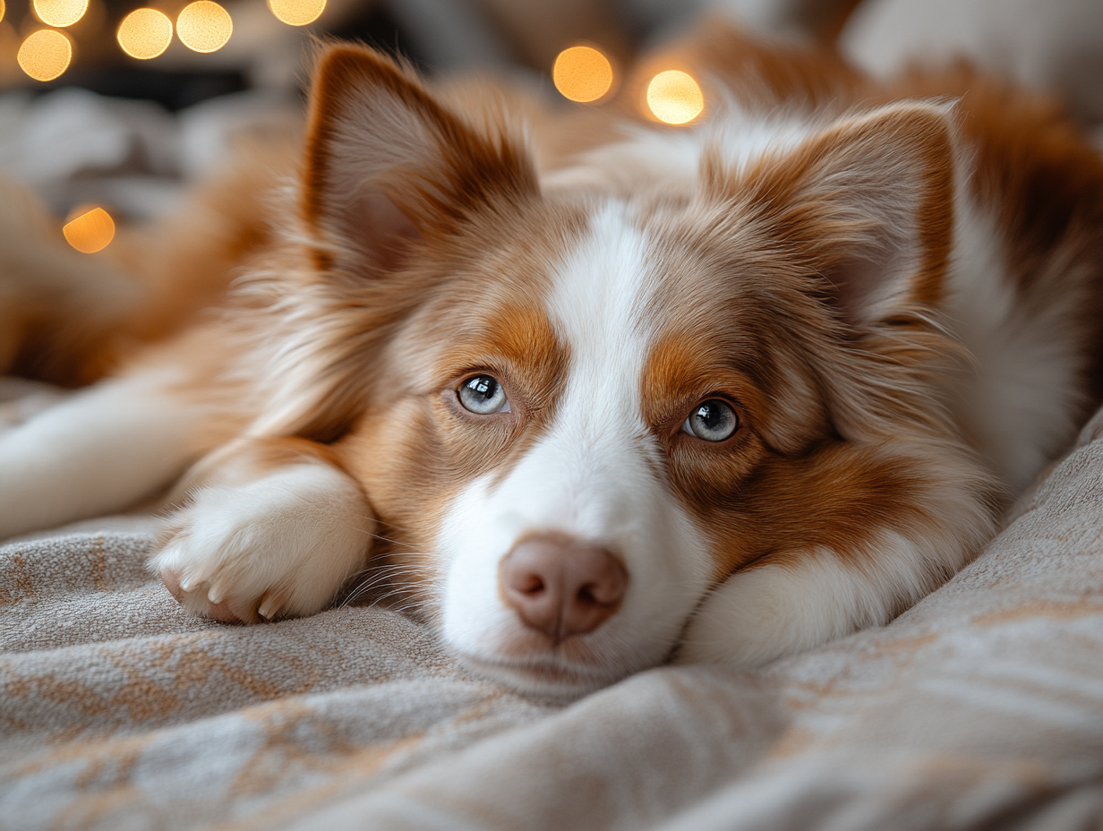 A red merle australian shepherd laying down on a bed.