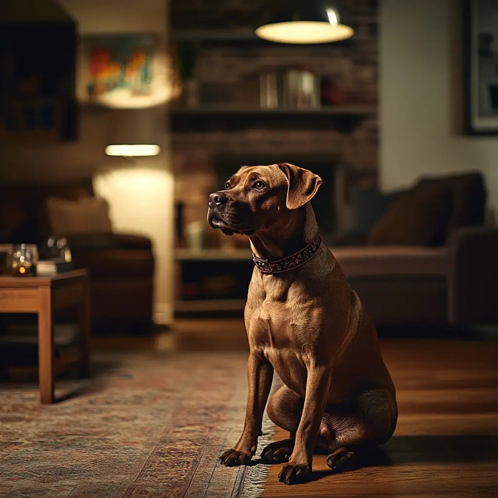 A dog sitting down in a living room with a collar on.