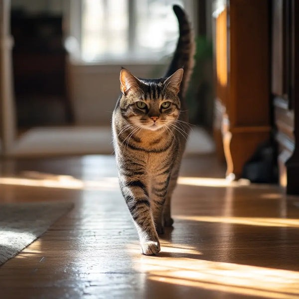 A black and grey striped cat pacing in a house.