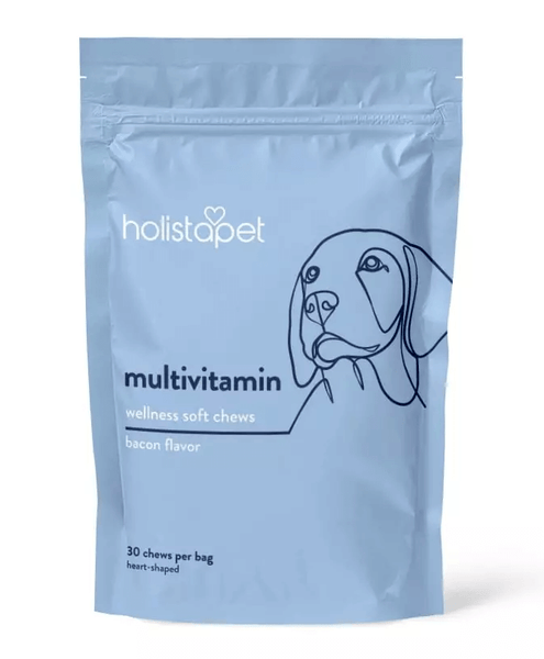 Multivitamin for dogs by Holistapet (product image). Includes Vitamin A, C, D, and E, taurine, calcium, iron, magnesium, and more!