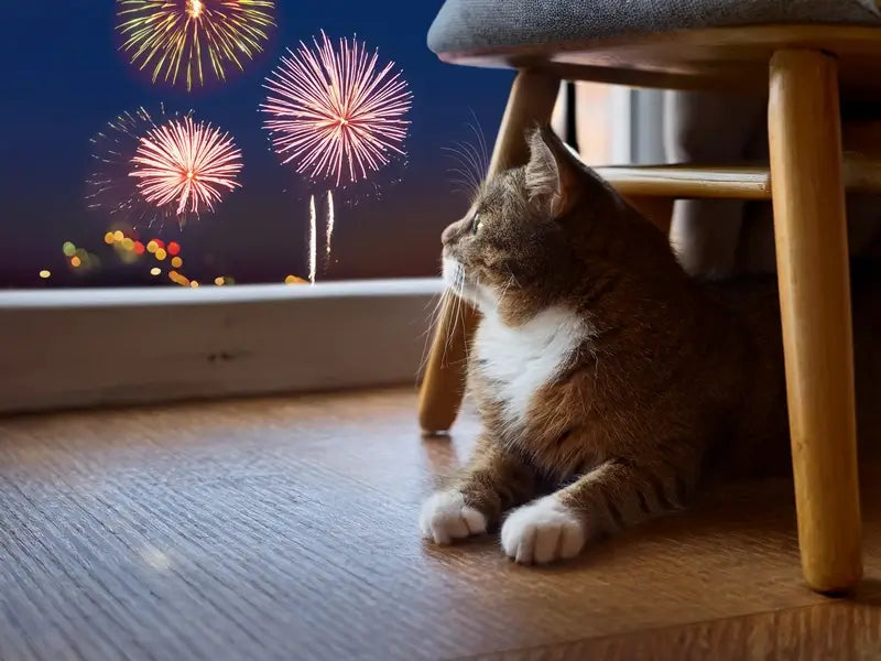 A cat scared of fireworks outside. The cat is inside hiding under a chair looking outside the window with fireworks exploding in the distance.