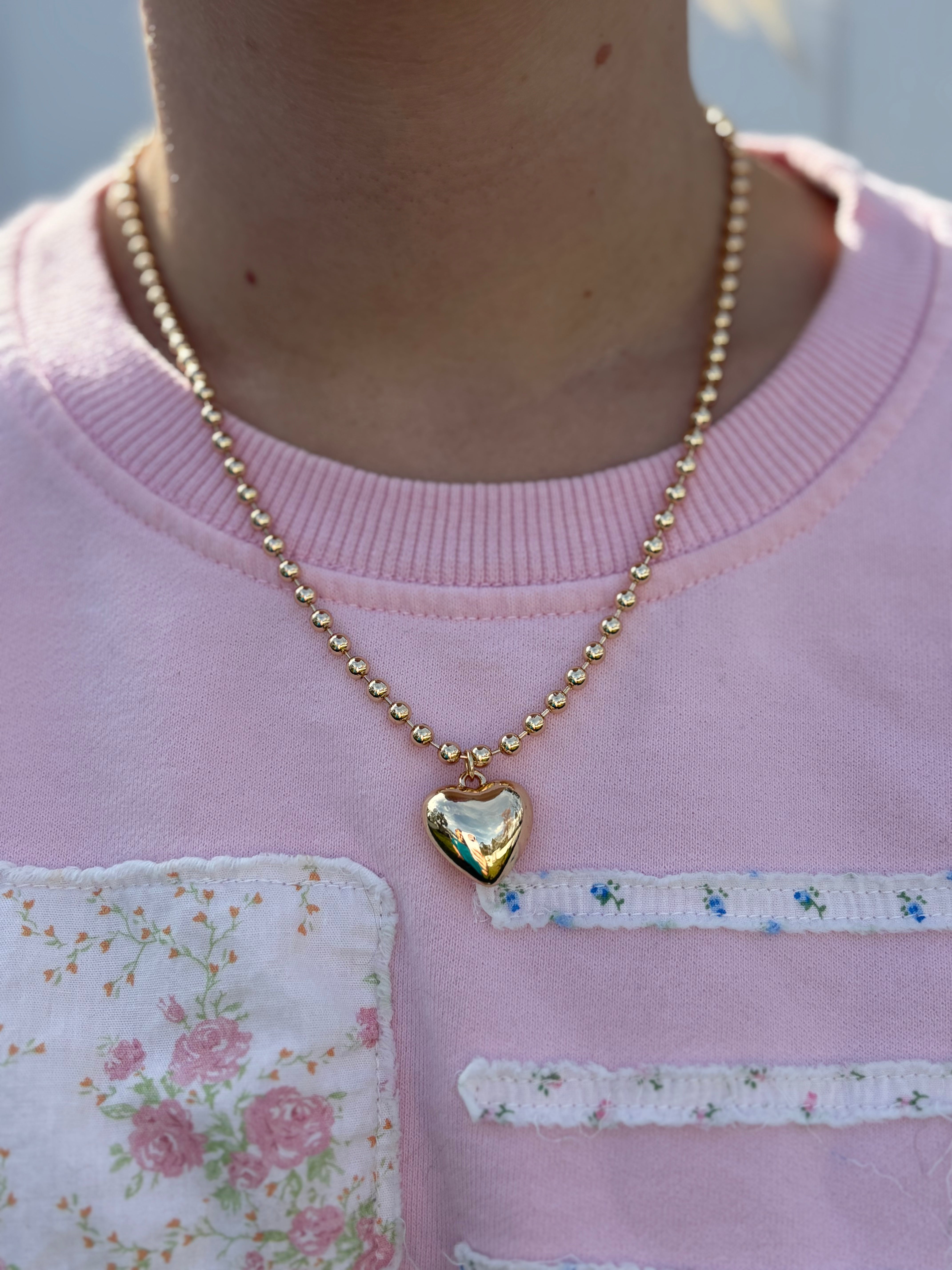 Gold 4mm Beaded with Gold Heart Necklace
