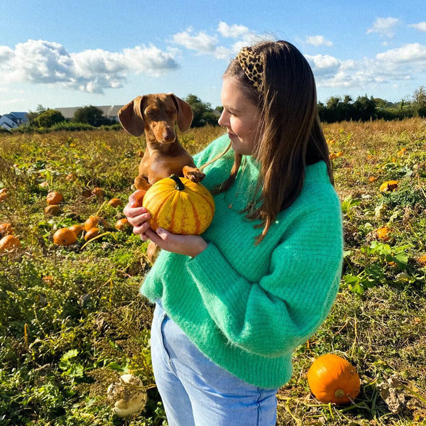 Sprinkle Club - Holly standing in an autumnal pumpkin field holding her dog Newt and a pumpkin