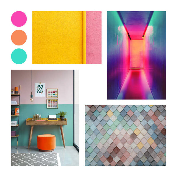 Sprinkle Club - A collage of colourful home setups with a bright colour palette