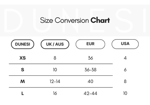 Size chart displaying International size conversions. Sizes are written out in text at the bottom of the FAQ page for voice over compatibility.