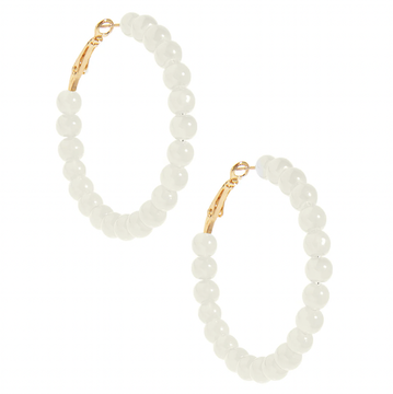 Large Beaded Glass Hoop Earring-White