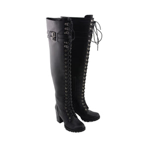 Womens Black Above the Knee Boots with Lace-Up Closure - Bikers Gear Online