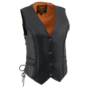 Women's Black Braided Naked Leather Side Lace Motorcycle Rider Vest W/Front Snap Closure - Bikers Gear Online