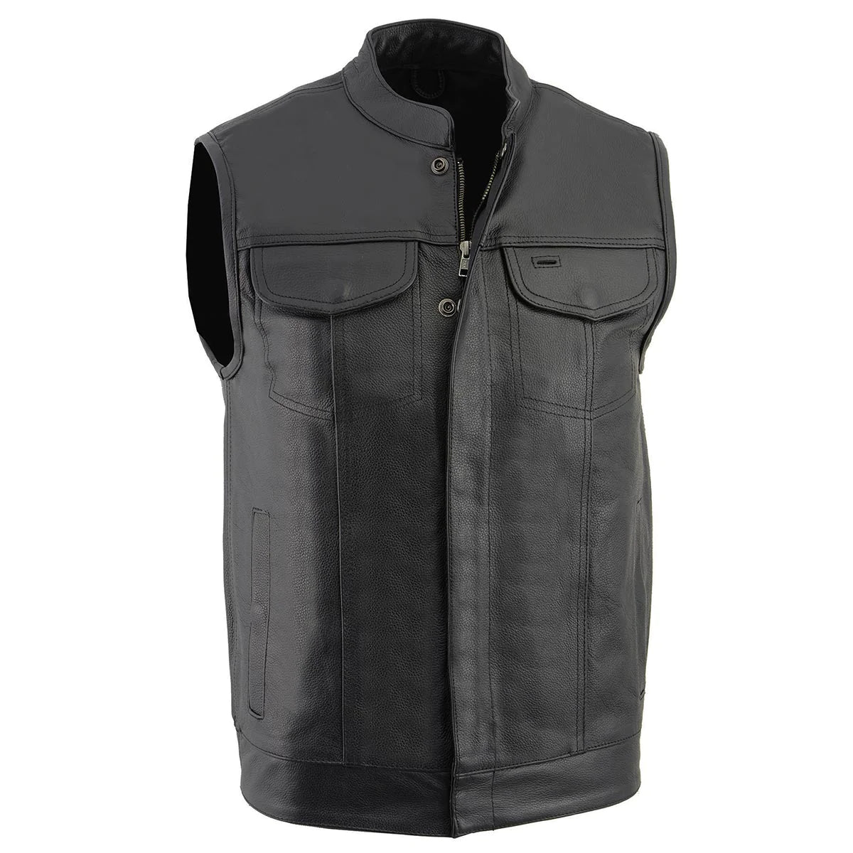 Men's Black Club Style Leather Vest with Open Neck