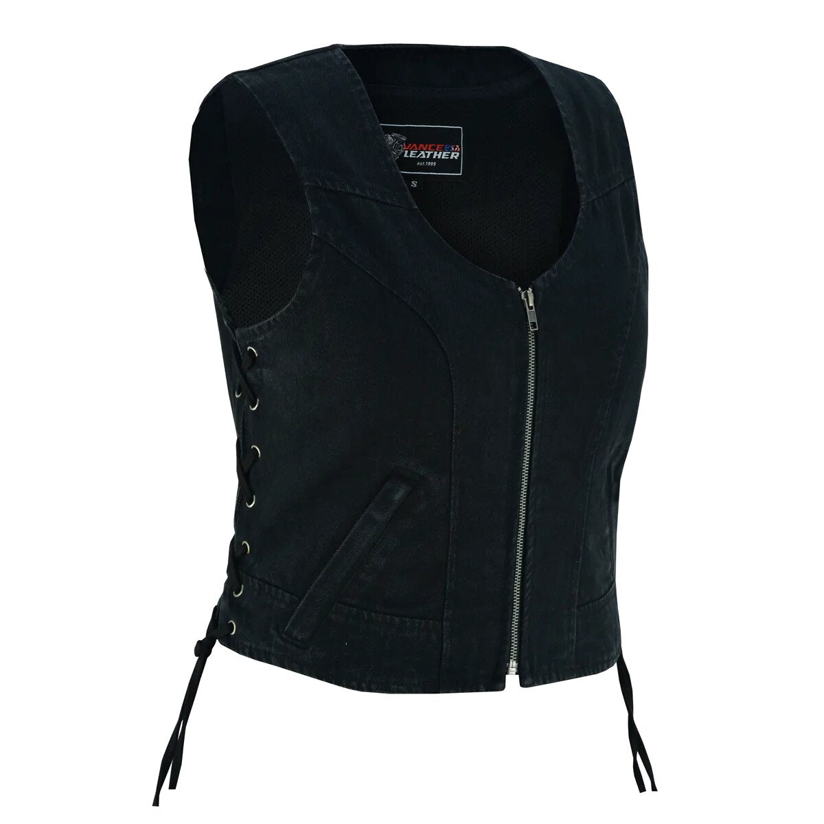 Women's Black Denim V Neck Vest with Snap opening & side laces