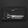 hair texturing scissor lying on black leather pouch with black straight razor