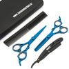 picture of blue hair thinner and scissor with black straight razor, regular comb, and leather pouch