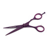 Shiny purple scissors on white background