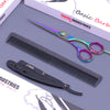 barber kit set including rainbow hair cutting scissor, comb, and straight razor