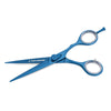 hair cutting shear, blades opened and crystal finger rings 
