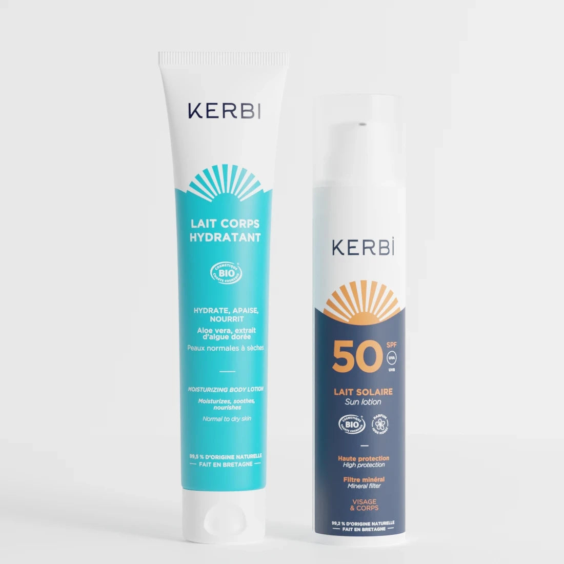Duo produit crème solaire spf 50 et lait corps hydratant kerbi, fabriqué en bretagne