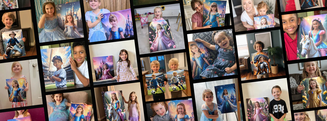 Children enjoying personalized wall art in their room